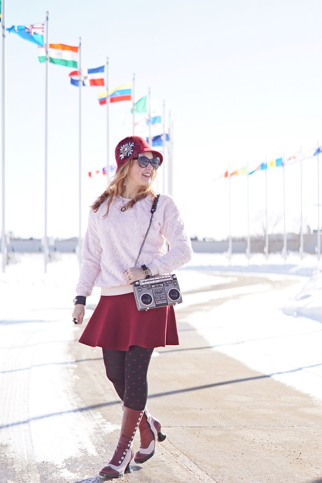 Winnipeg Canadian Fashion Stylist Consultant blog, Forever 21 pink rose faux fur sweater, Something Special burgundy wool bell hat Winners, Mary Frances Boom Box Tuned in clutch purse novelty bag, BCBG Max Azria Ingrid wine burgundy flaired skirt, Origami Owl customized locket jewellery, dconstruct eco-friendly recycled earrings, Isaac Mizrahi bow bangle watch, Swarovski black enamel crystal bangle, John Fluevog special limited edition pink wine Mini Babycake victorian boots